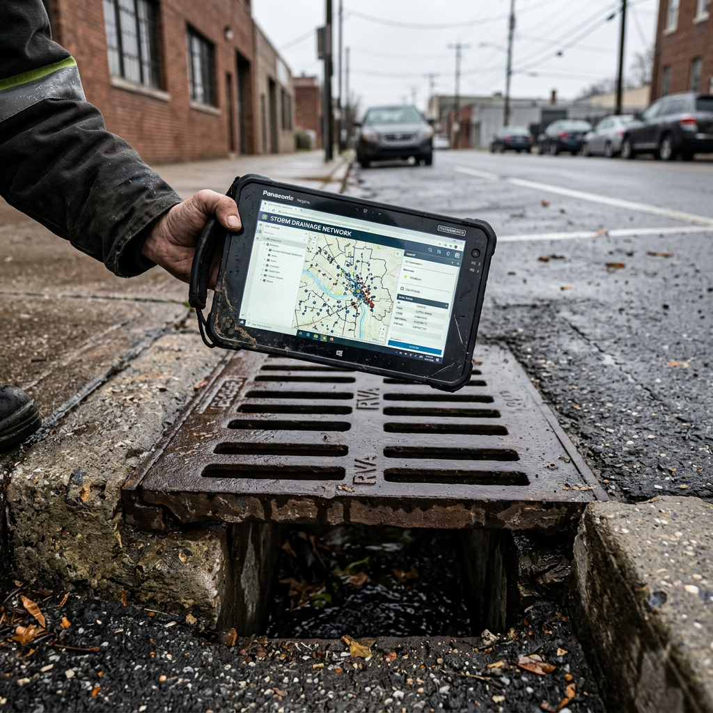Field engineer mapping stormwater infrastructure with tablet